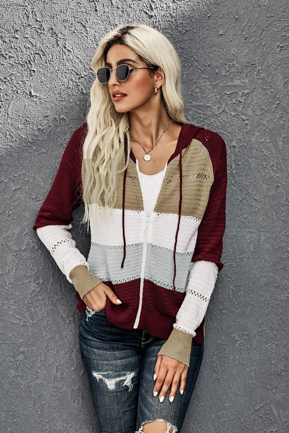 Hoodie for Women Hollow-out Knitted Women's Zipped Front Red Color-Block