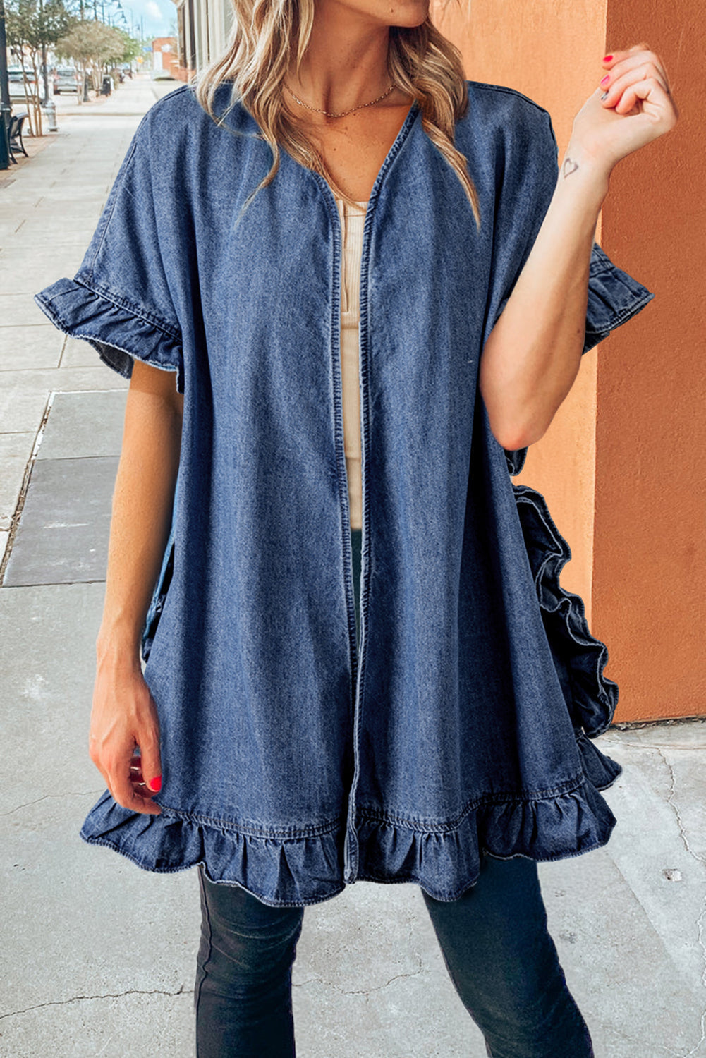 Blue Chambray Dusk Chambray Ruffle Hem Half Sleeve Open Loose Kimono