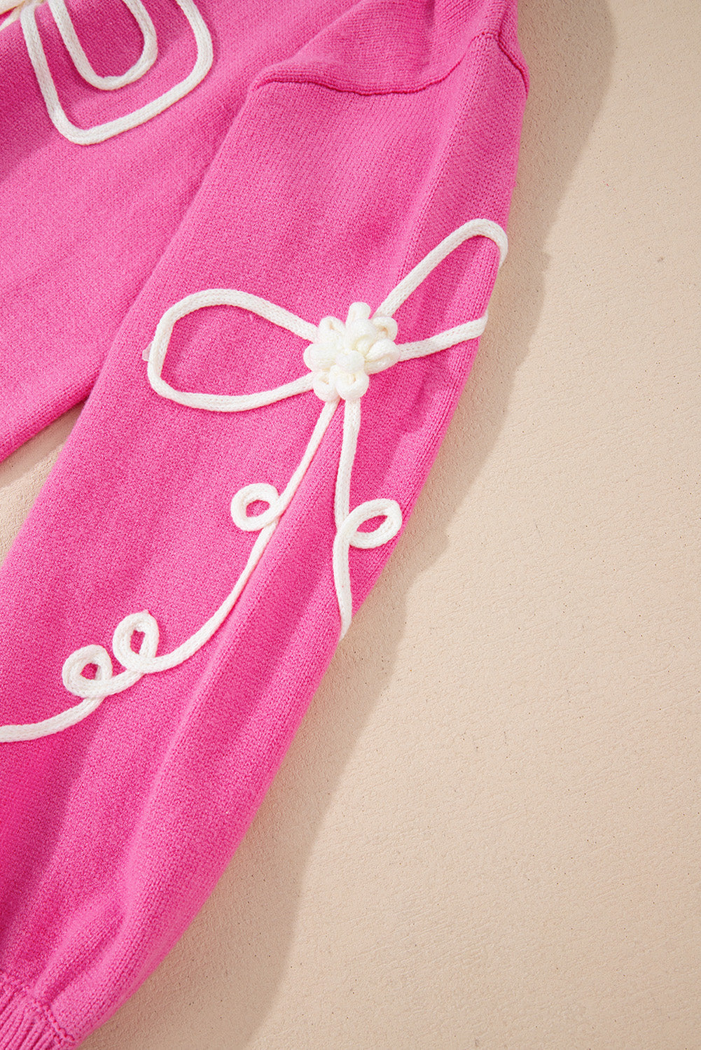 Cute Pink Corded Flower Bow Ribbed Trim Sweater