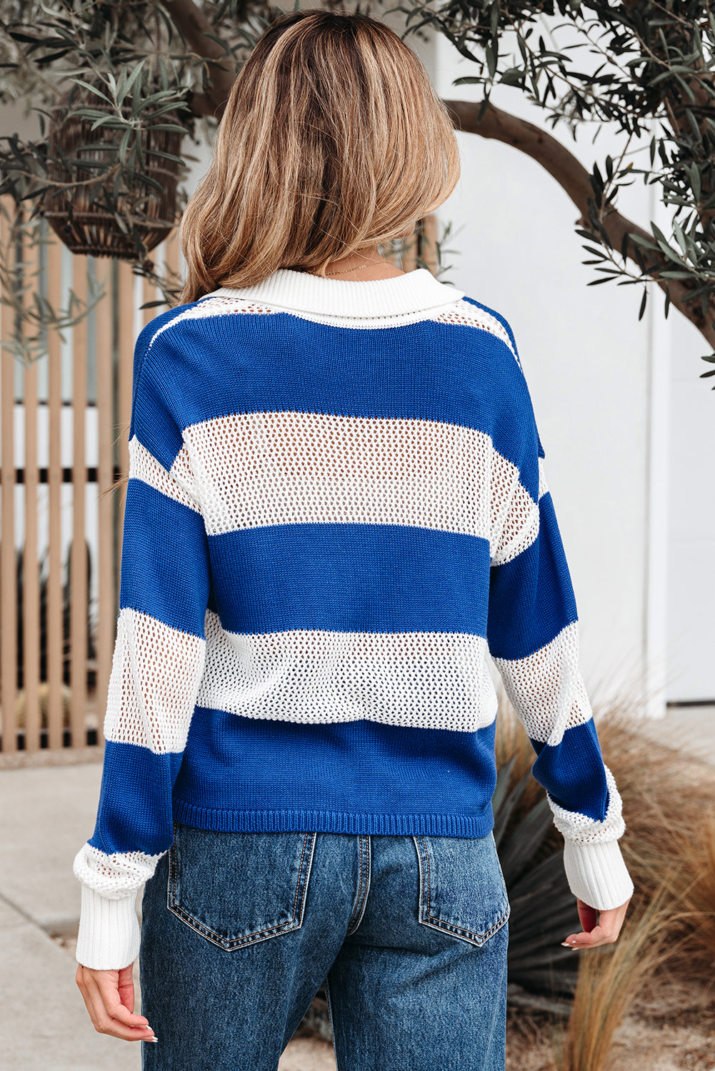 Colorblock Polo Collar Eyelet Crochet Knit Knit Top