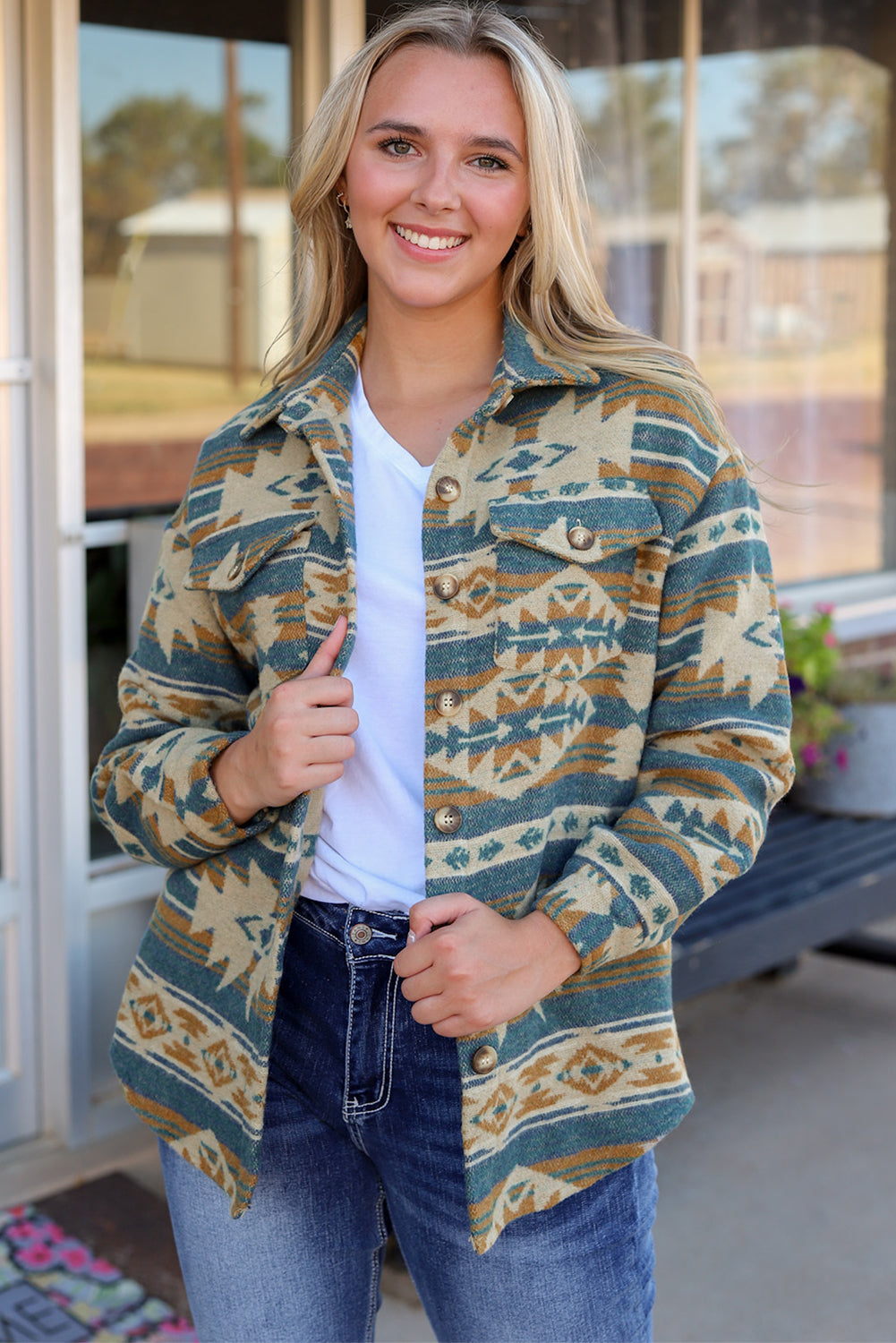 Women's Aztec-Pattern Button Shacket
