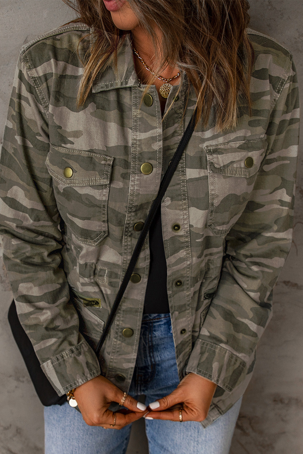Women's Camouflage-Print Green Multi Pockets Button-Front Jacket