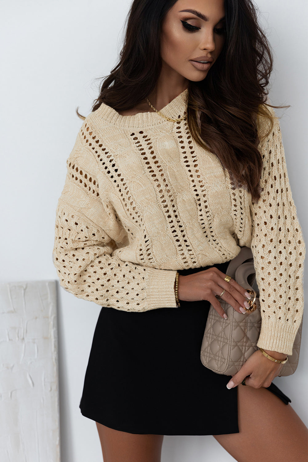 Women's Eyelets Cable Knitted Dropped-Shoulder Sweater