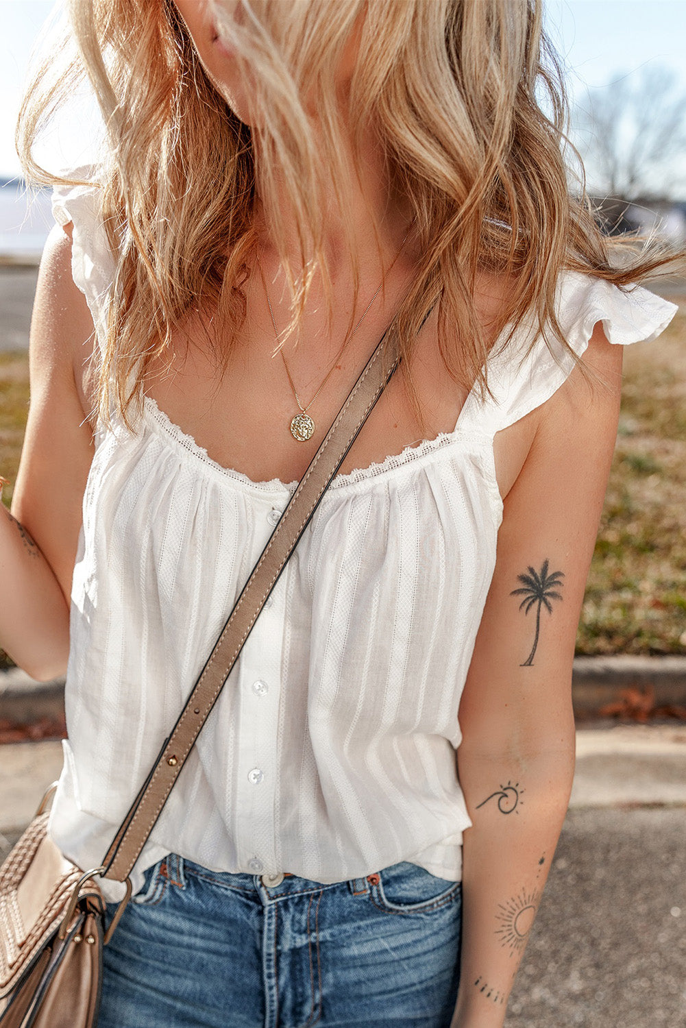 Lace Crochet Ruffled Buttoned Loose Fit Tank Top