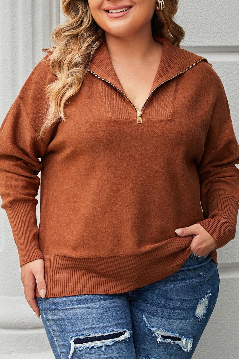 Women's Sweater Featuring Rib-Knitted Trim Plus Size Zip Collar