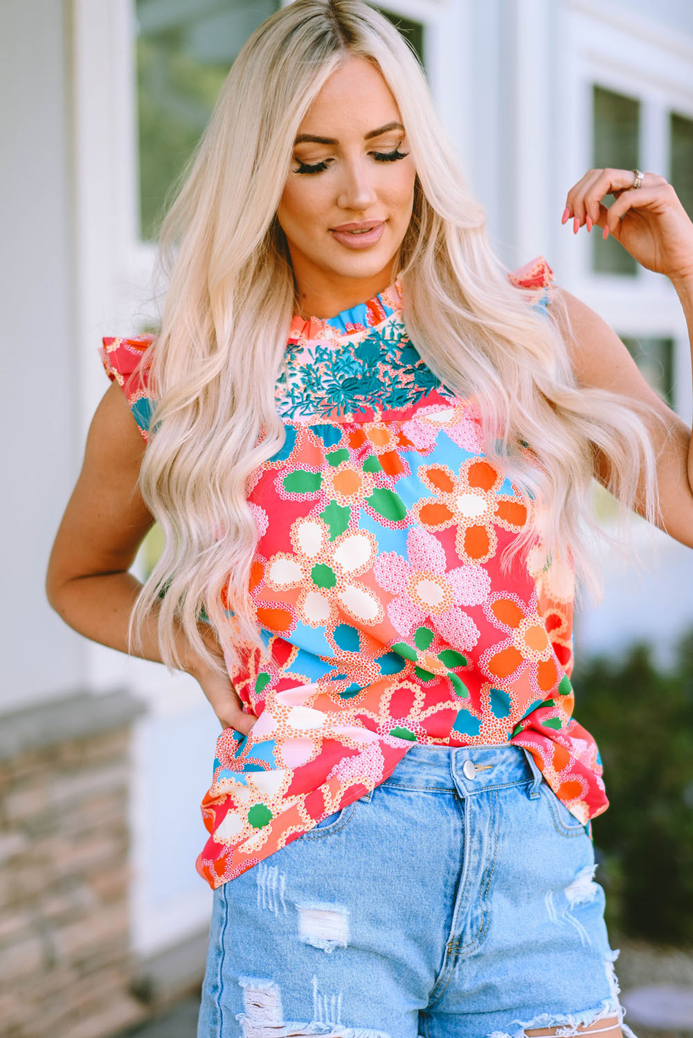 Tank Top for Women Floral-Print Print Ruffle-Trimmed Trim