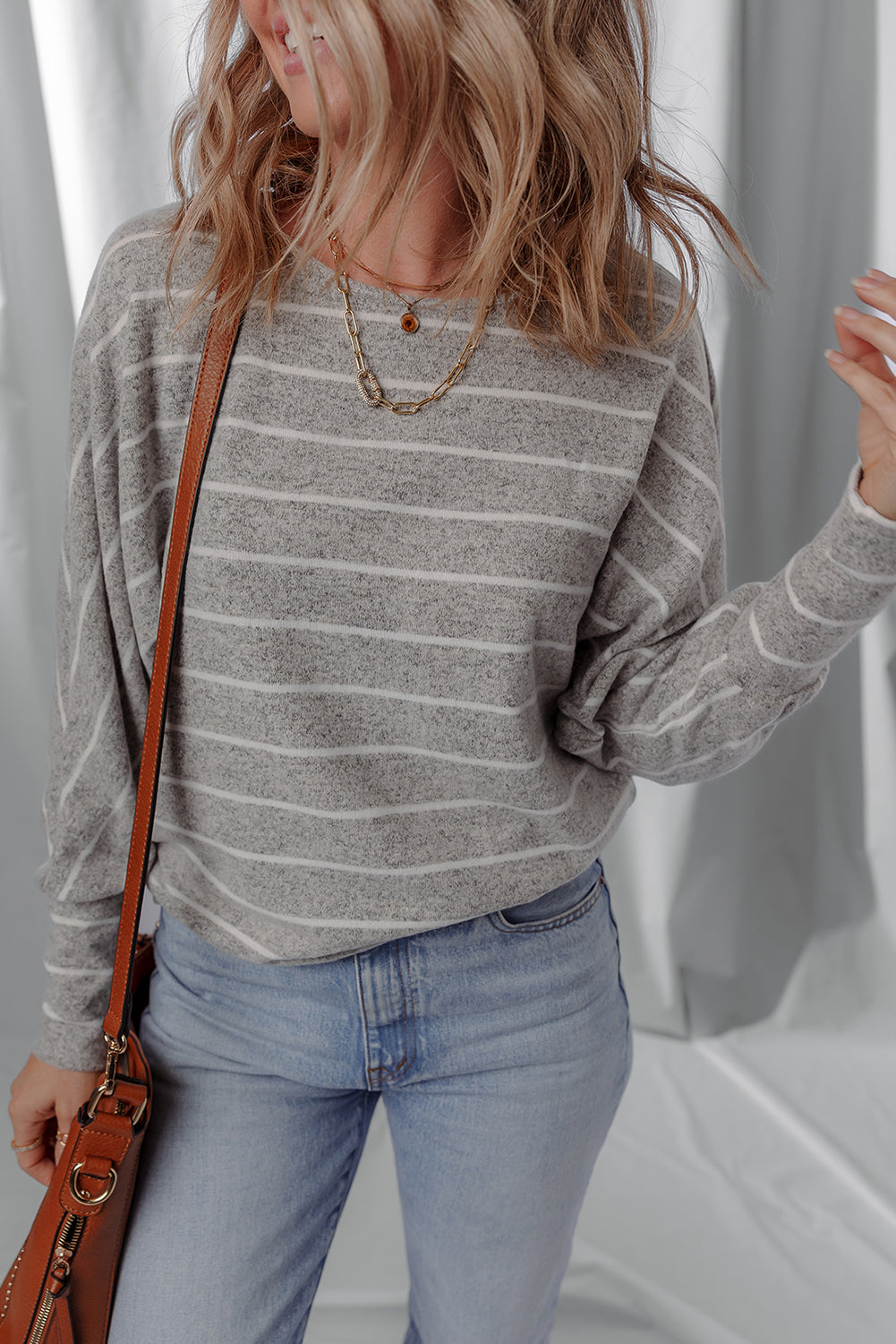 Dolman Sleeve Stripe Sleeve Cotton Top in Gray