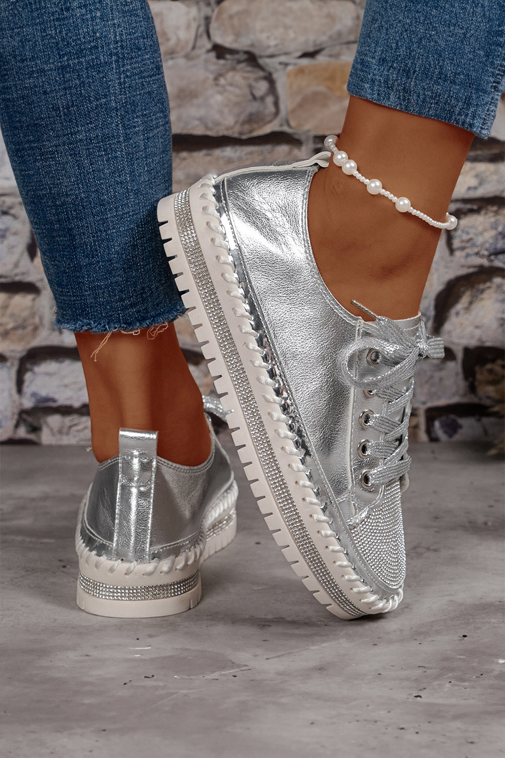 Rhinestone Metallic Sheen Lace-up Flat Shoes