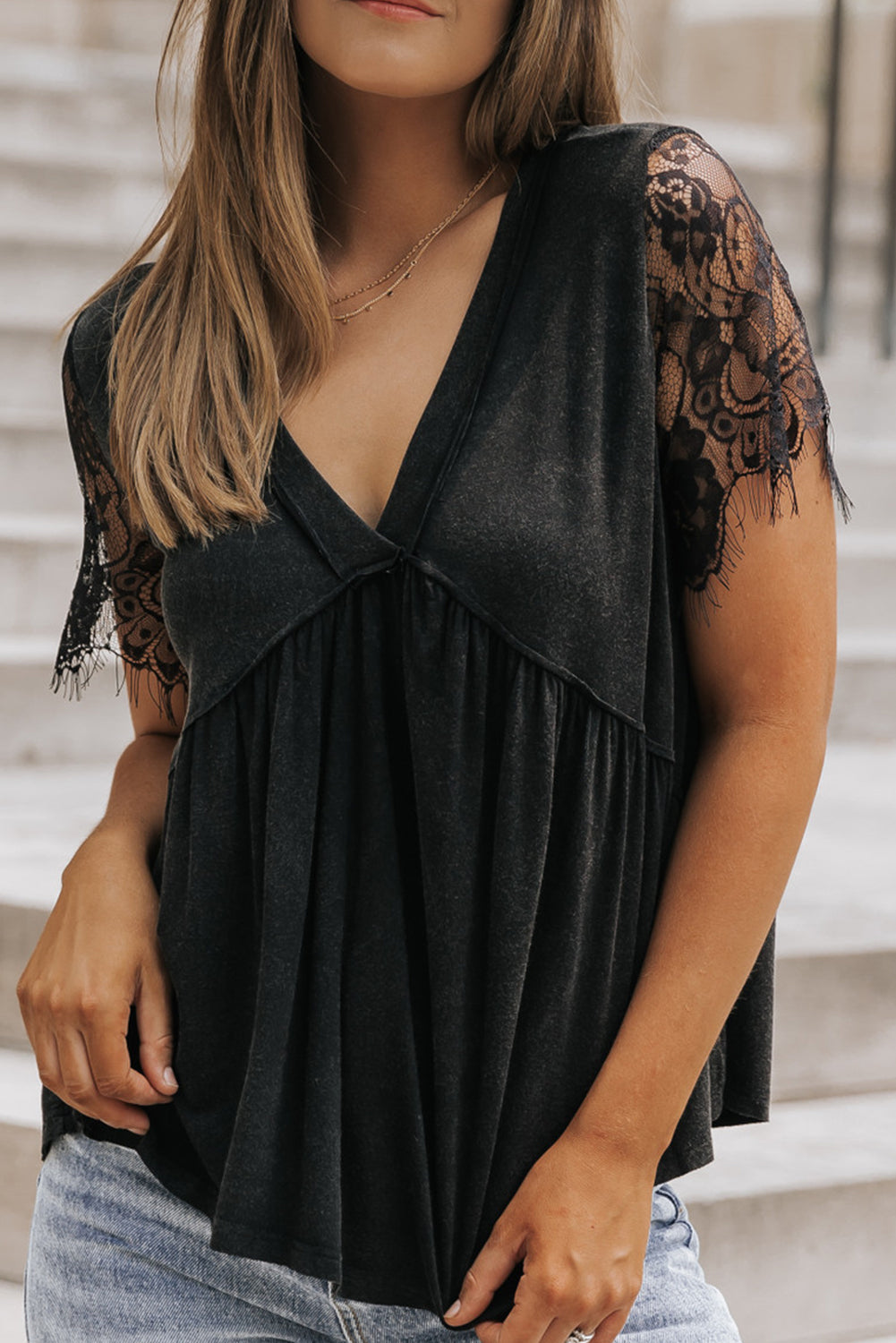Women's Babydoll Top with Ruffle-Trimmed Eyelash Lace-Trimmed