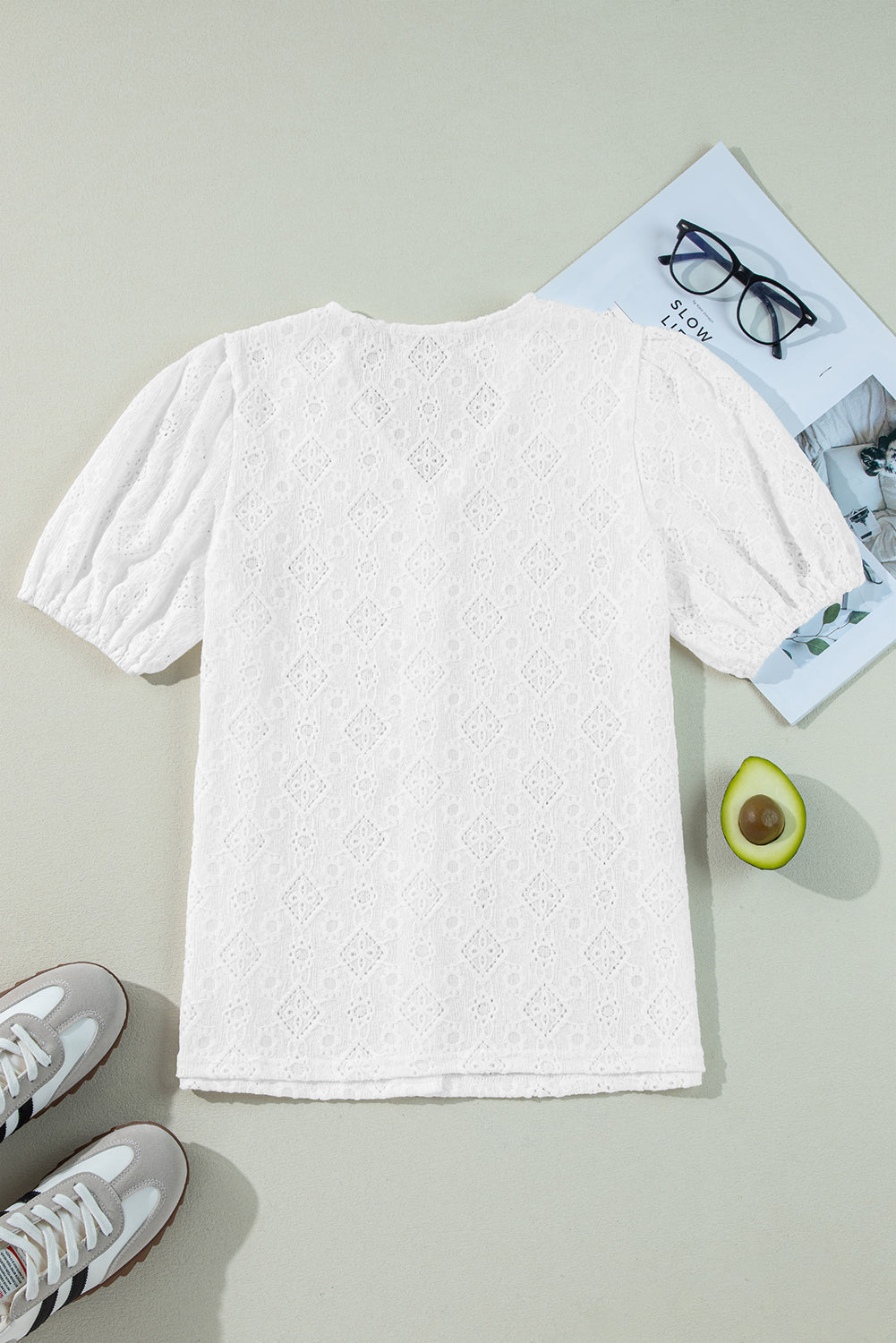 Lace Puff Sleeve V Neck Button Up Shirt