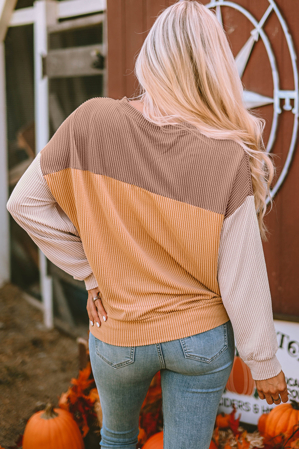 Women's Top Featuring Rib-Knitted Loose Color-Block