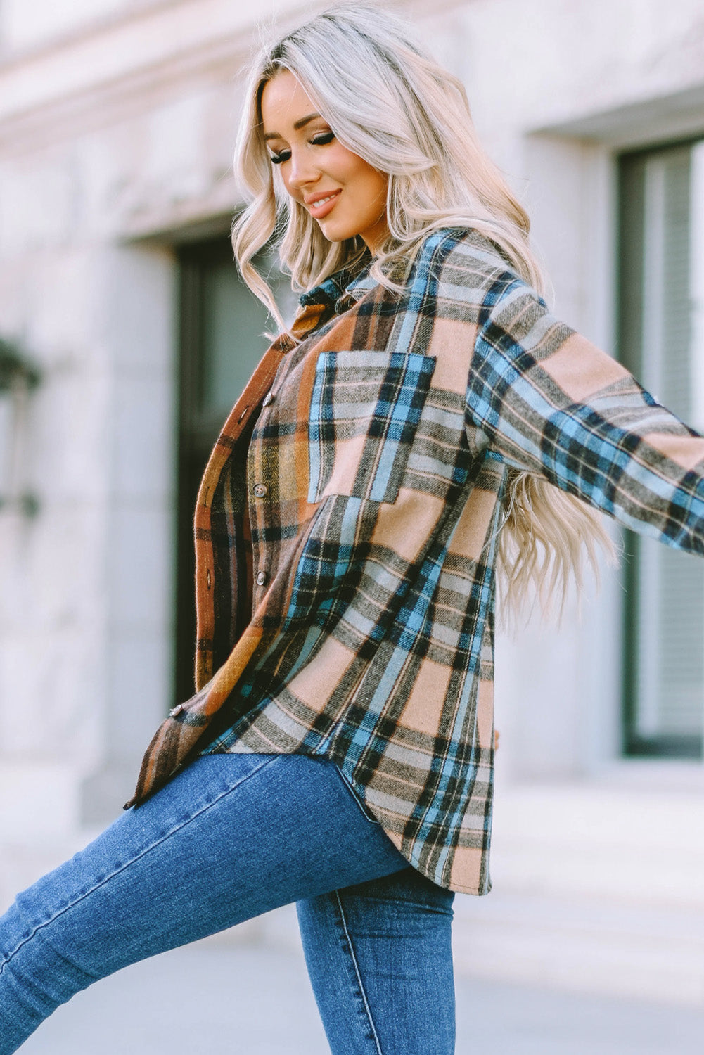 Women's Pockets Featuring Button-Front Shirt with Plaid Color-Block