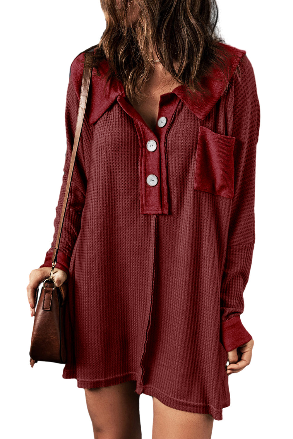 Top for Women Waffle Knitted Long-Sleeve