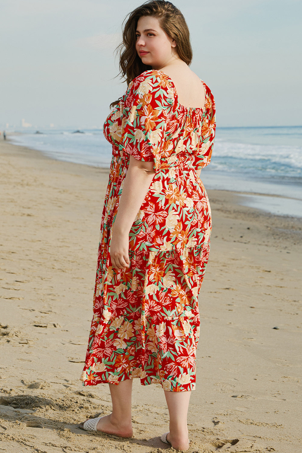 Floral Cinched Waist Long Plus Size Dress