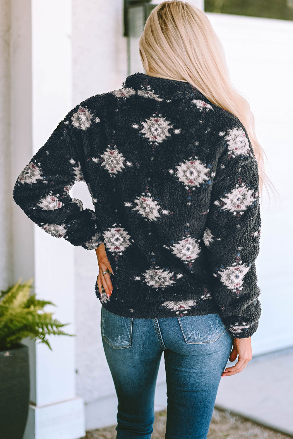 Women's Jacket Featuring Collared Sherpa Aztec Zipper