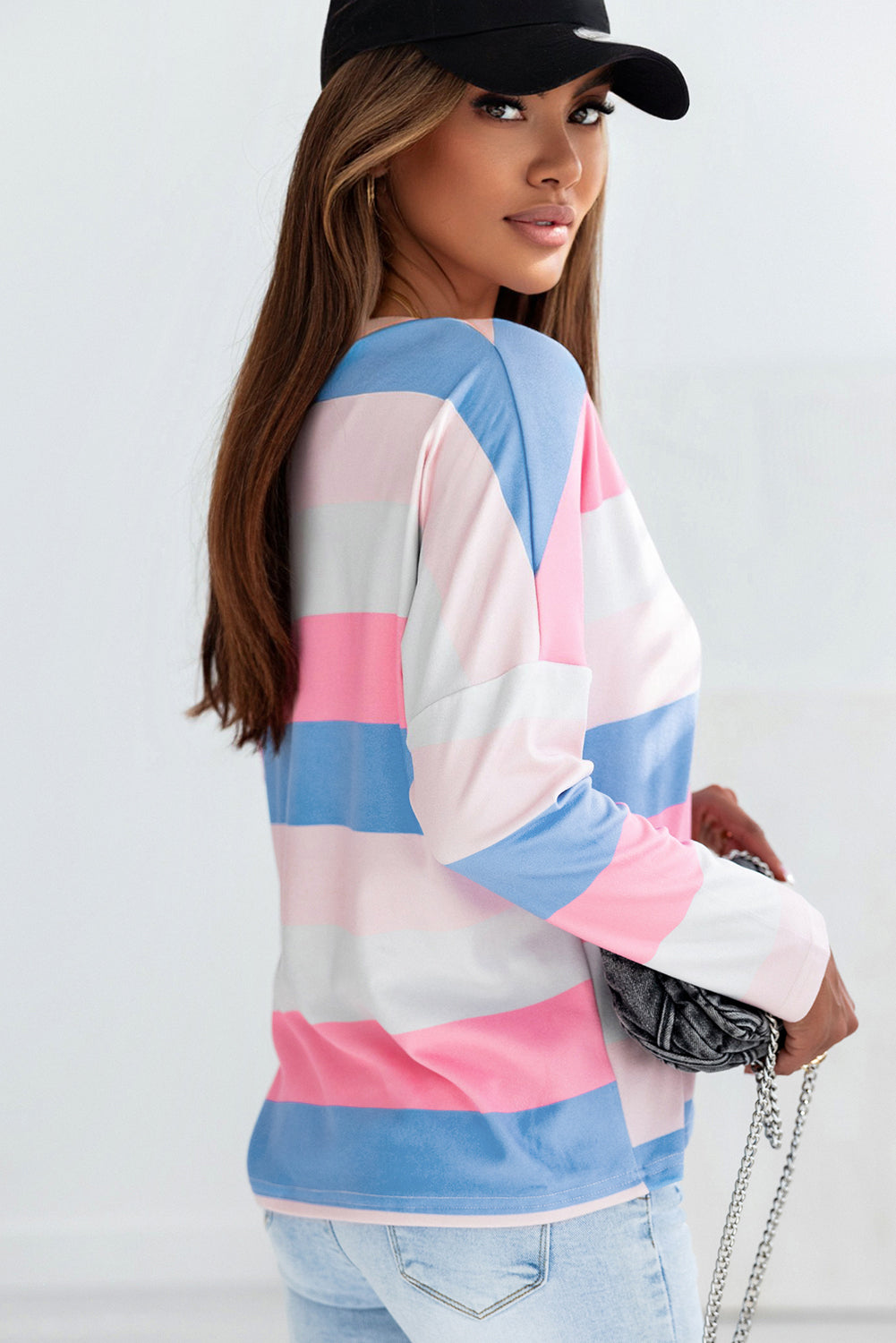 Women's Top with Striped V Neck Long-Sleeve