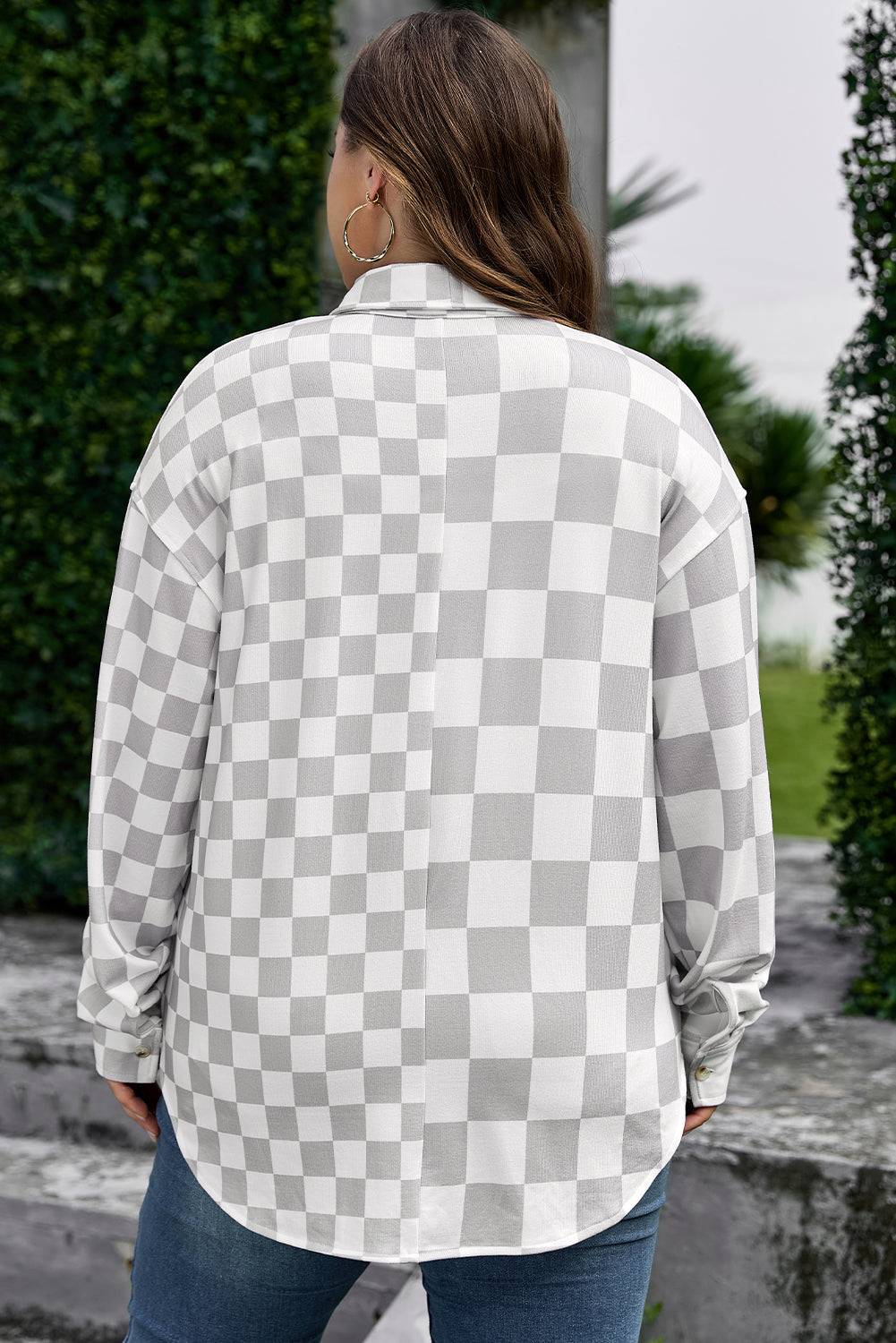Checkered Plus Size Button-Front Down Everyday Western Jacket in Khaki