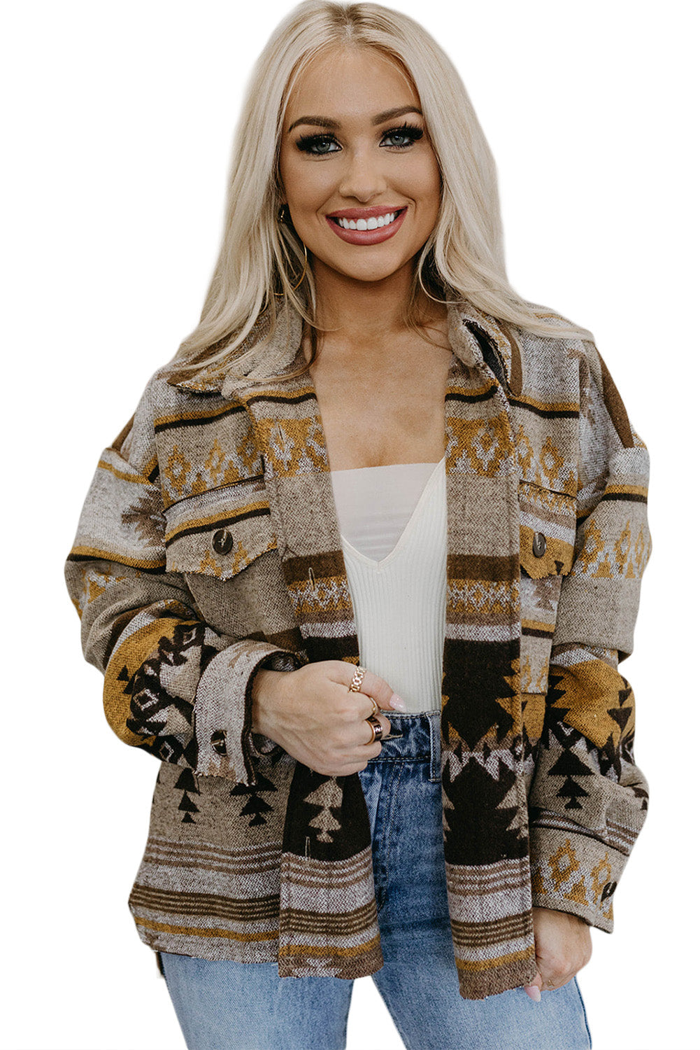 Women's Shacket Featuring Western Aztec-Pattern Jacket