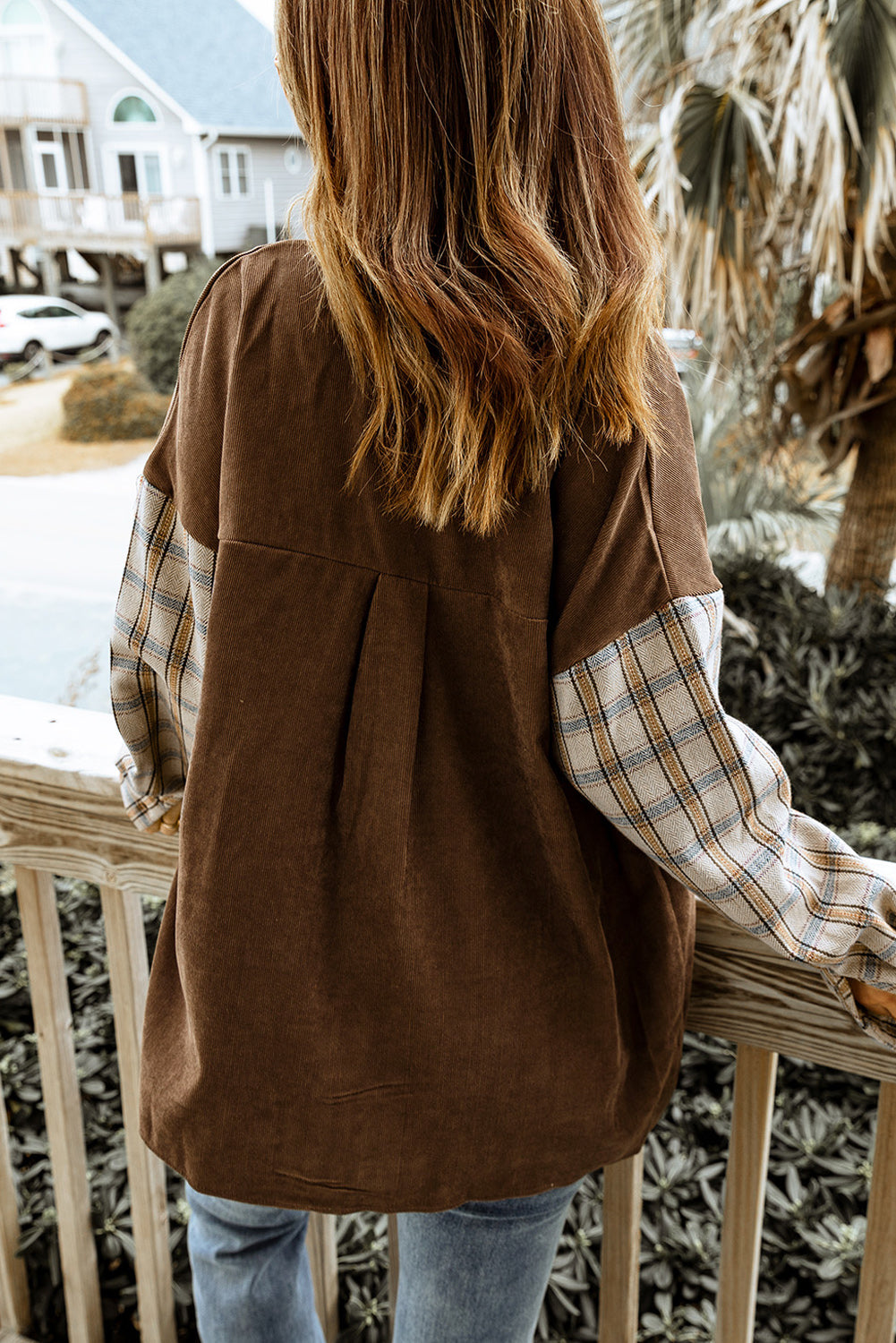 Women's Shirt Jacket Featuring Cord Plaid Patchwork