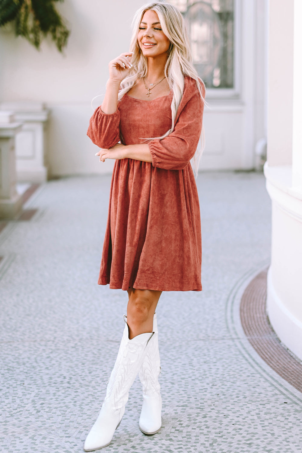 Women's Dress Featuring Sleeve Suede Balloon