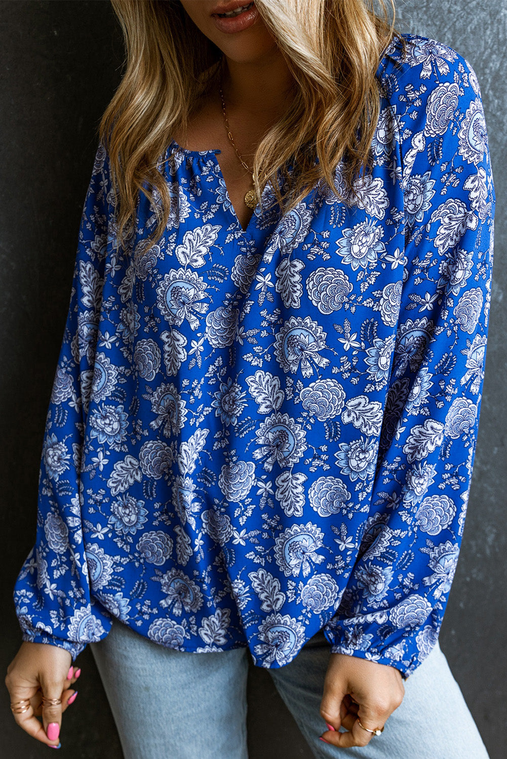 Blouse for Women Floral-Print Notched V Neck Long-Sleeve
