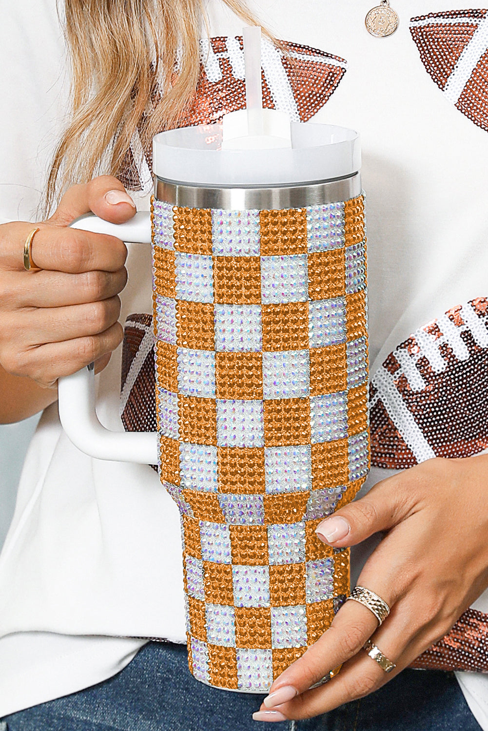 Rhinestone Checkerboard Full Checkerboard Handled Tumbler 40oz