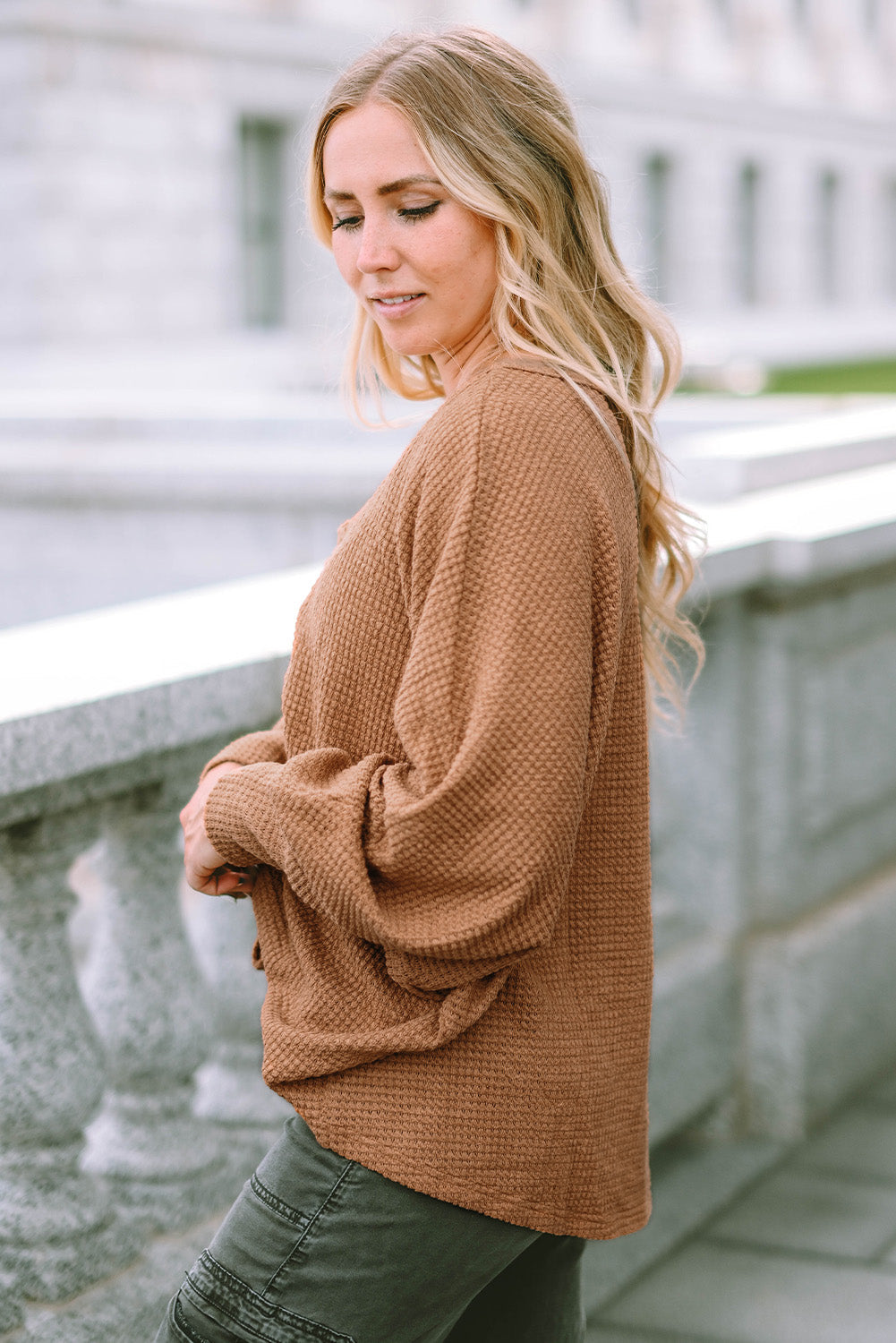 Knit Top for Women Drawcord Waffle V Neck