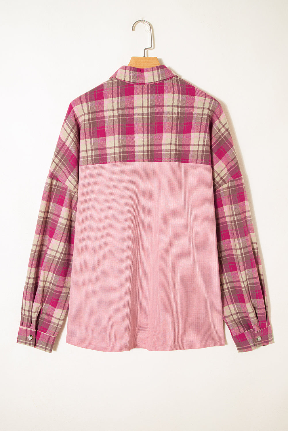 Patch Pocket Waffle Pocket Plaid Patchwork Plus Size Shirt in Pink