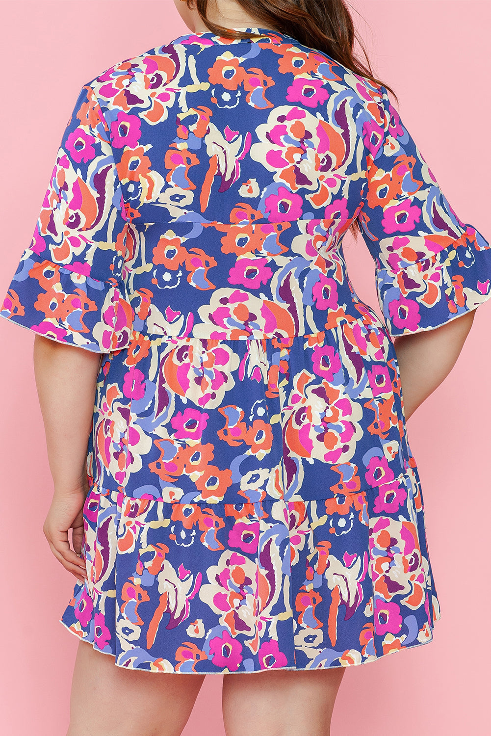 Women's Mini Dress with Ruffle-Trimmed Three-Quarter Sleeve Plus Size Floral-Print Print