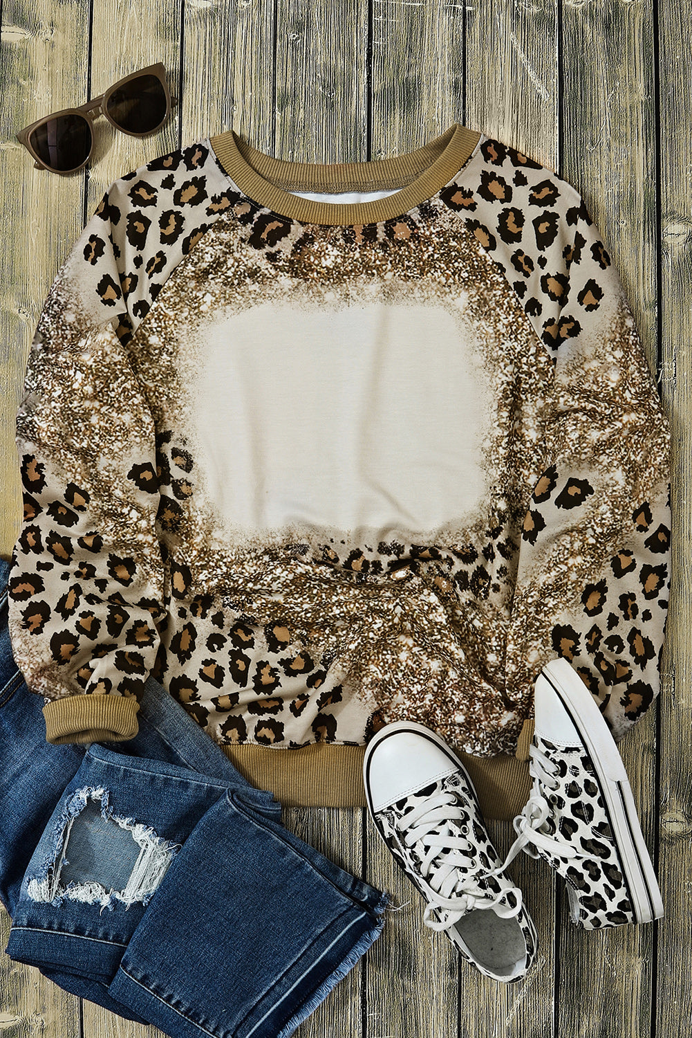 Women's Top Featuring Print Bleached Long-Sleeve