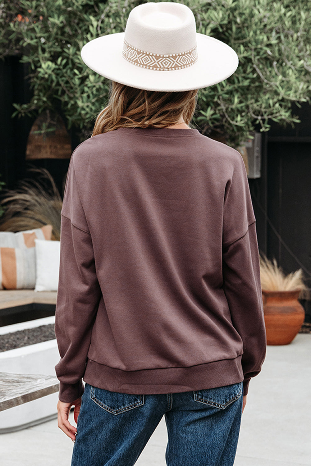 Terry Bow Contrast Bow Pattern Drop-Shoulder Sweatshirt
