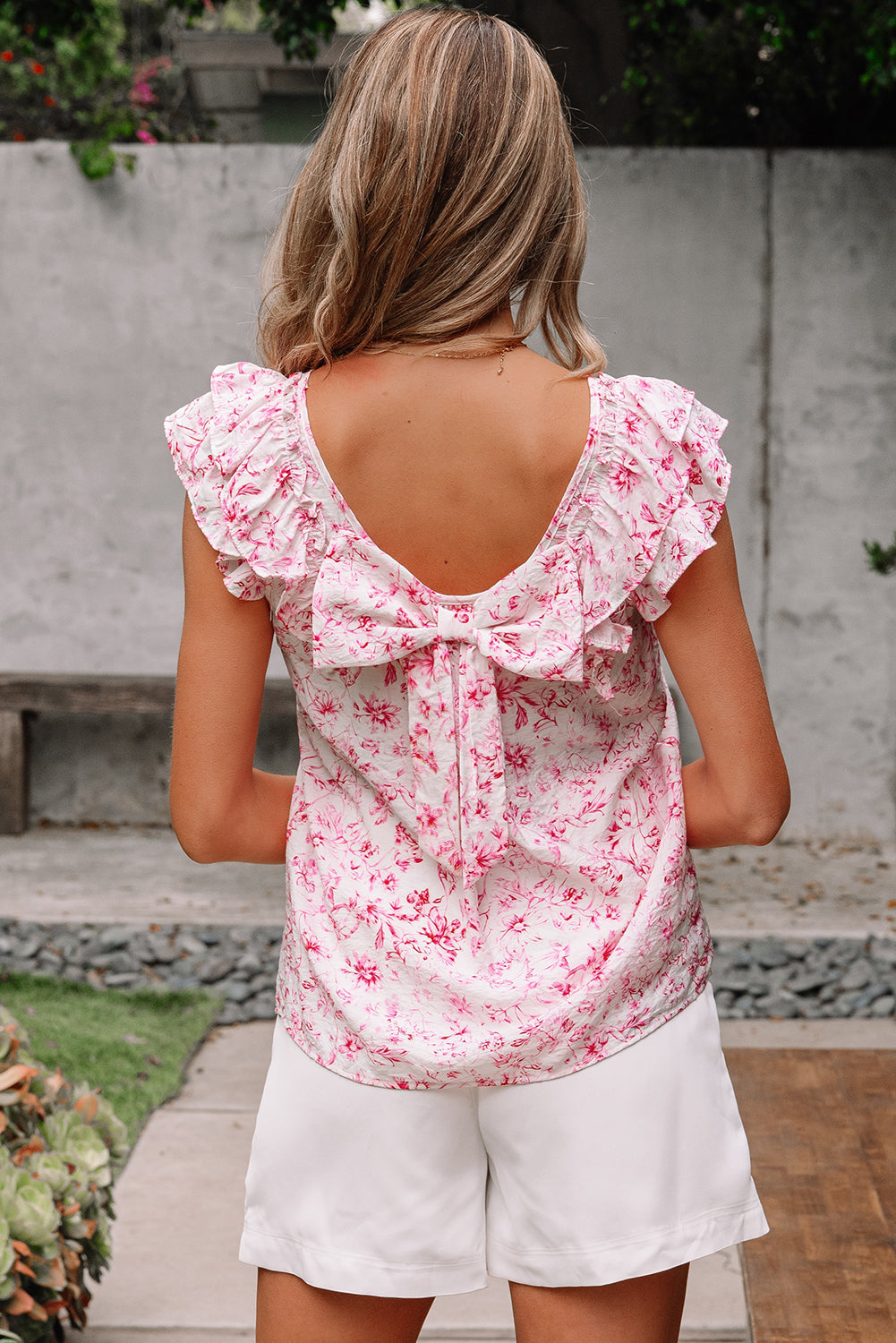 Short-Sleeved Floral Ruffled Bow Back Square Neck Blouse