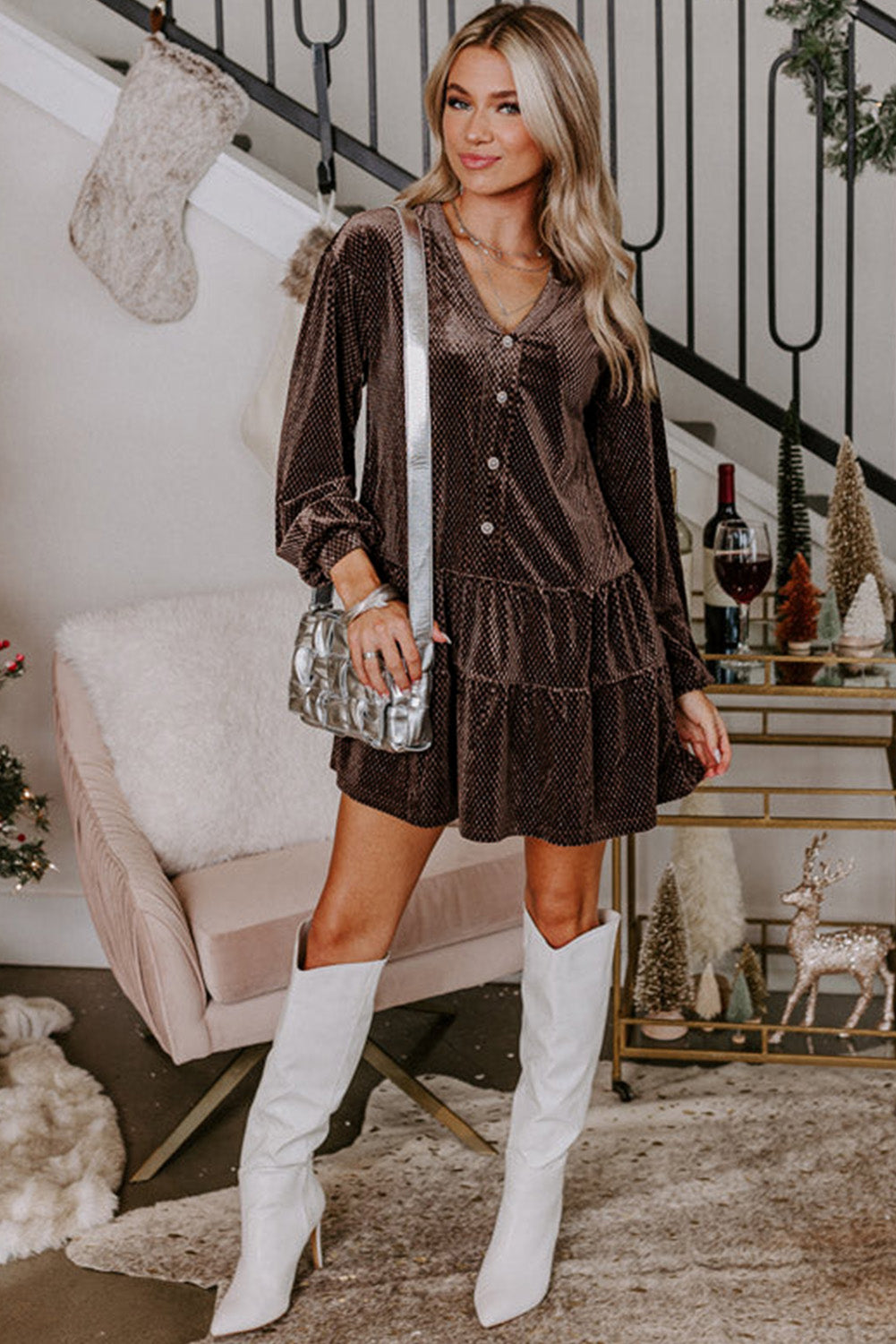 Women's Dress with Shift Textured Velvet V Neck