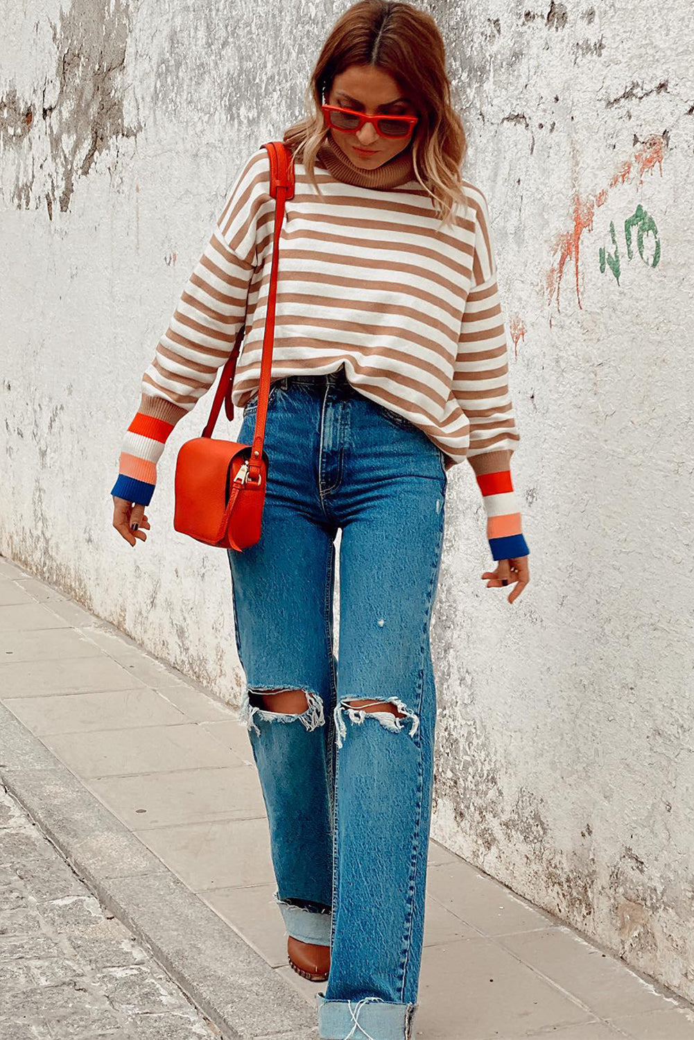 Colorblock Bishop Sleeve Turtleneck Sweater