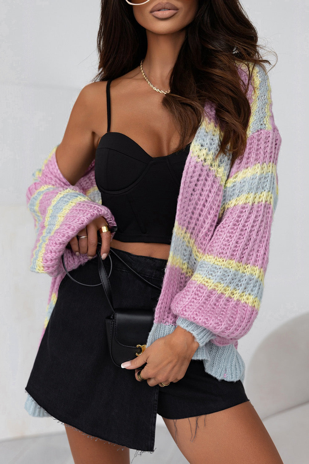 Women's Cable Striped Open Front Cardigan