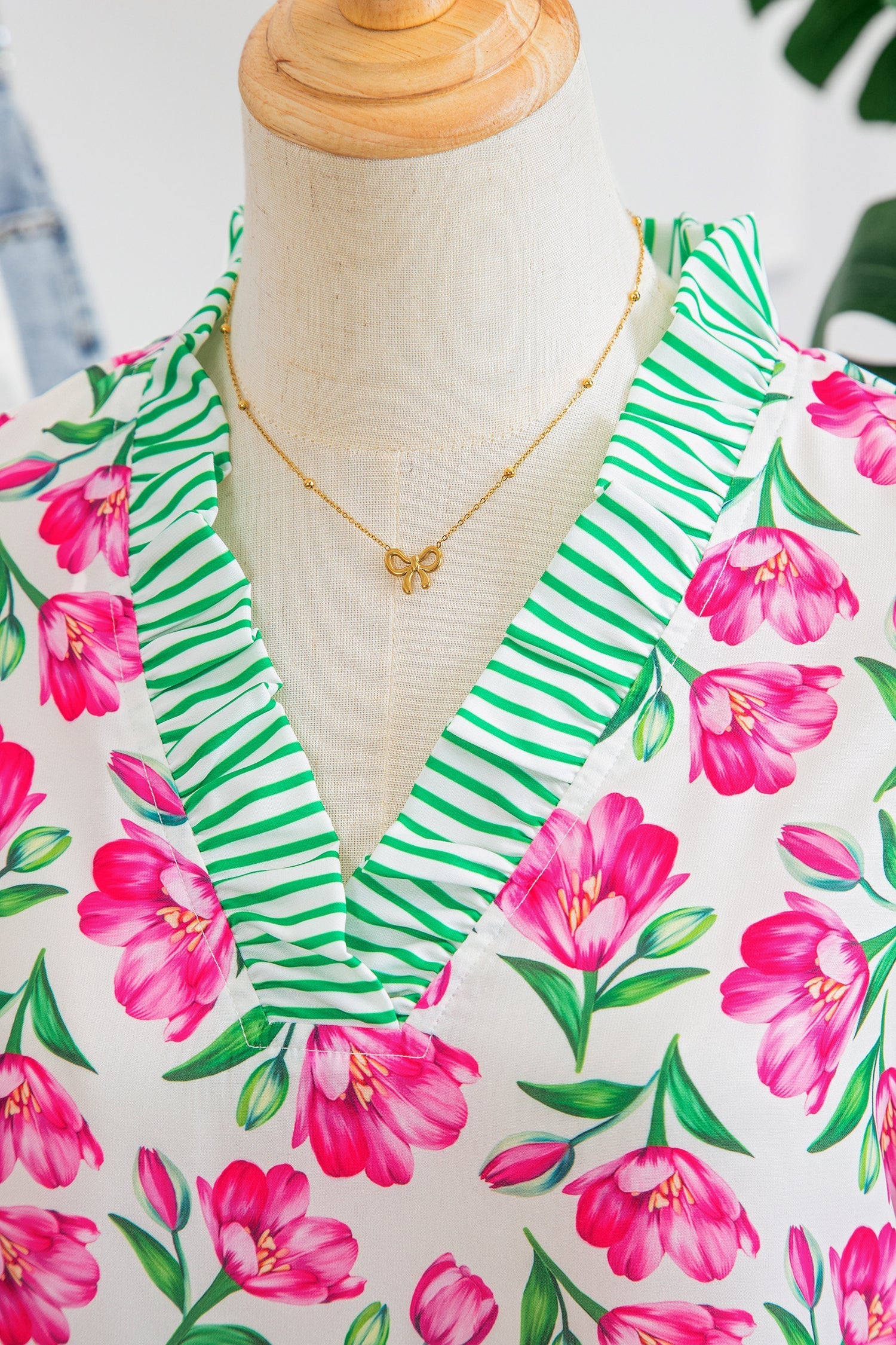 Sweet Floral-Print Striped Ruffle Trim V-Neck Blouse in Multicolour