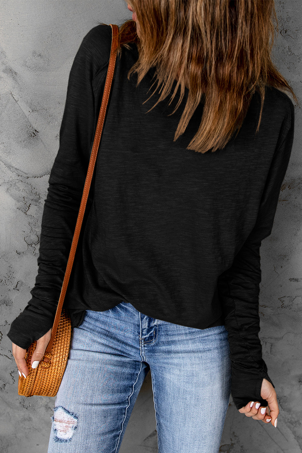 Top for Women Solid Crew Neck Long-Sleeve