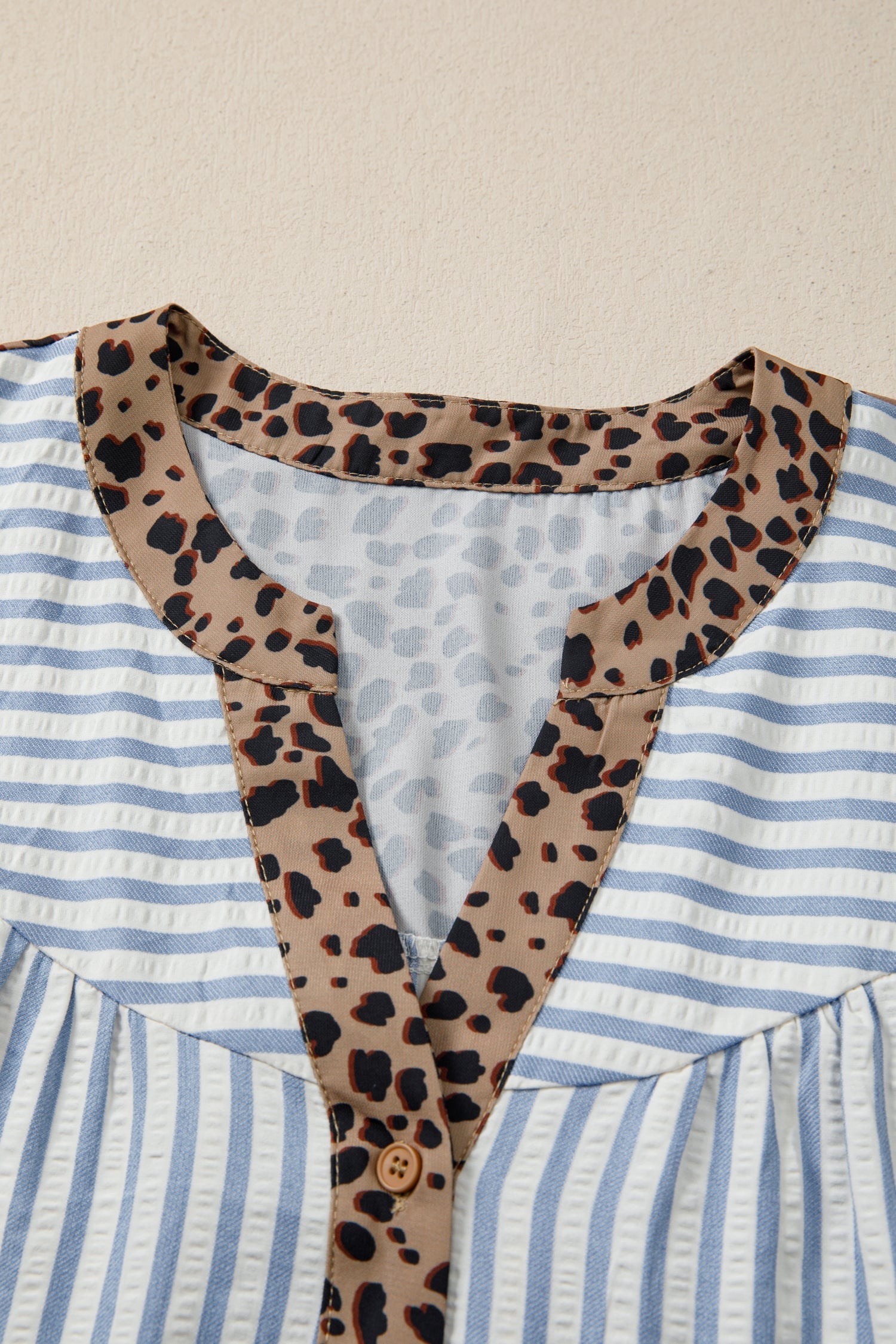 Leopard Trim V-Neck Button Down Half Sleeve Shirt