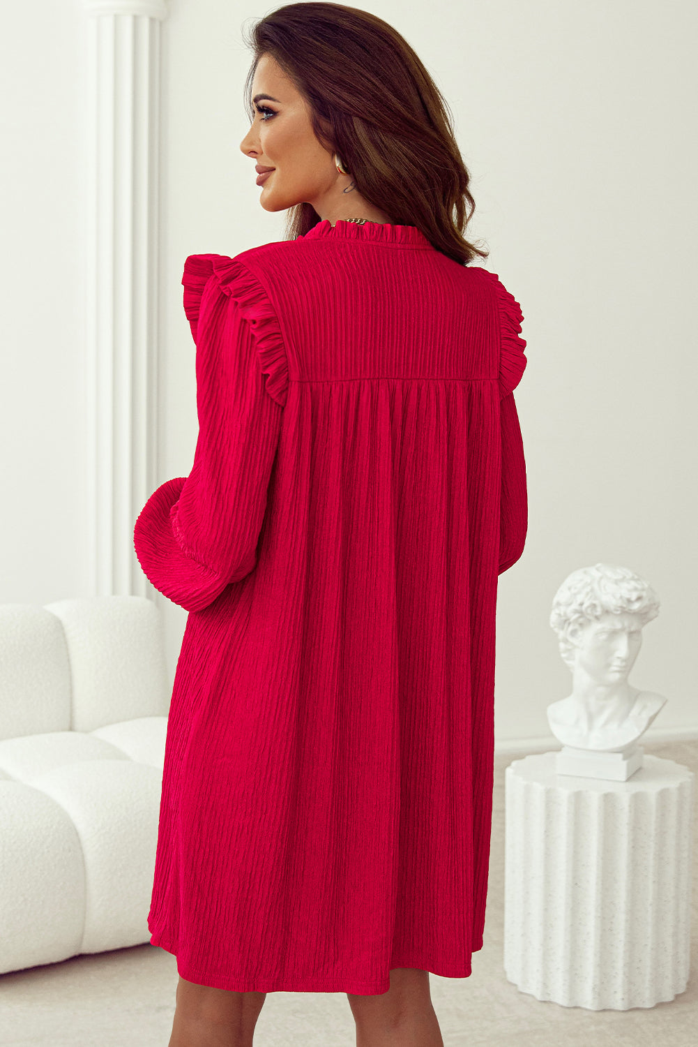Mini Dress for Women Textured Ruffle-Trimmed Trim