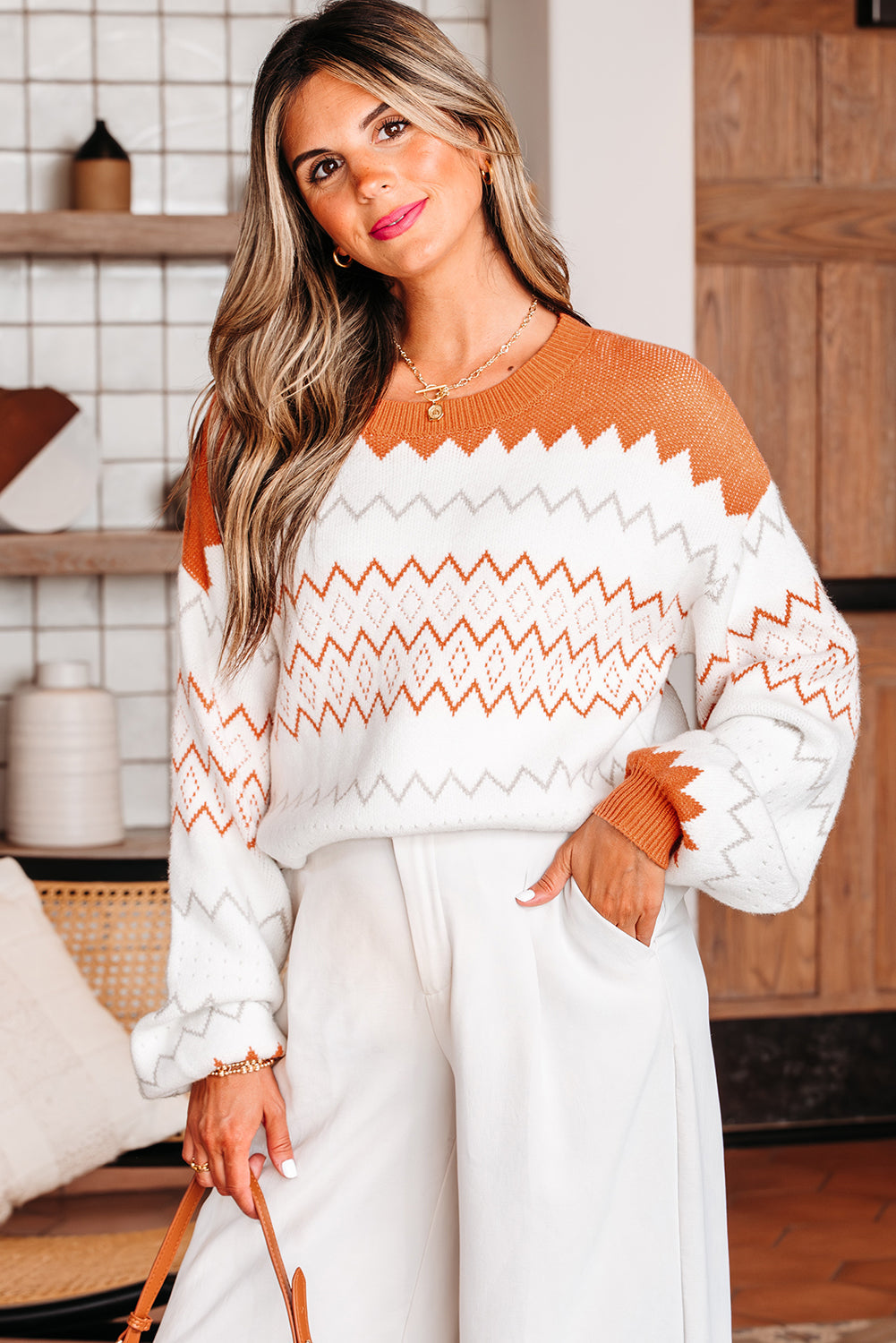 Zigzag Geometric Pattern Knit Pullover Knit Top