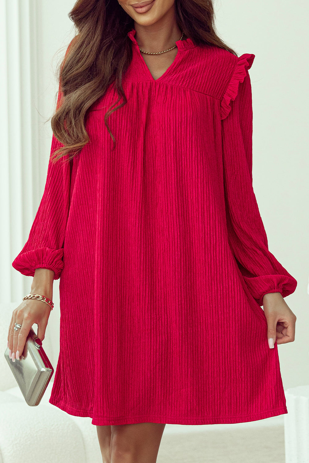 Mini Dress for Women Textured Ruffle-Trimmed Trim