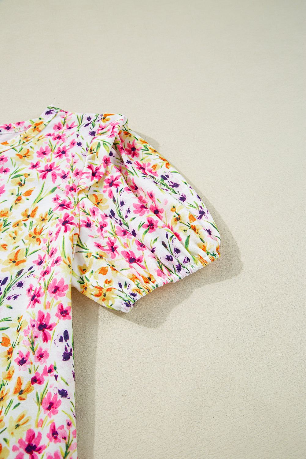 Floral Puff Short-Sleeved Crewneck Blouse