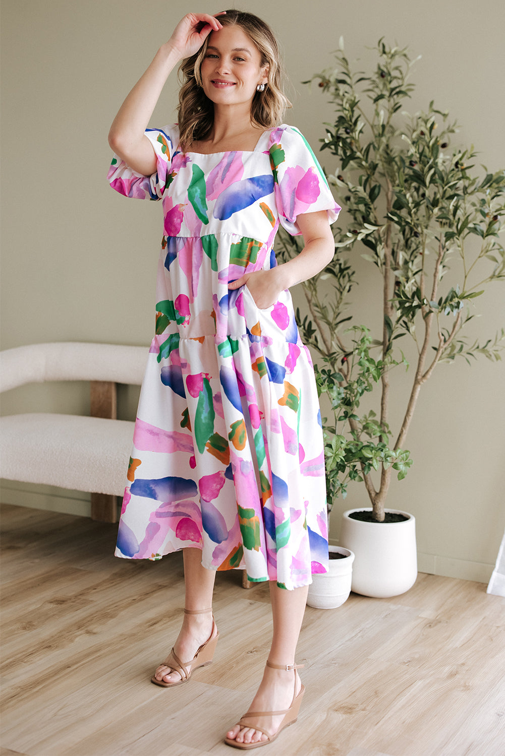 Purple Abstract Print Smocked Back Midi Dress