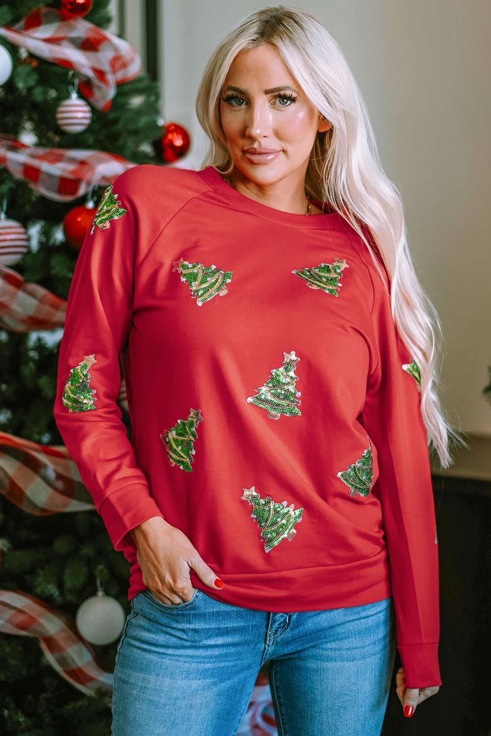 Women's Christmas Tree Raglan-Sleeve Sweatshirt