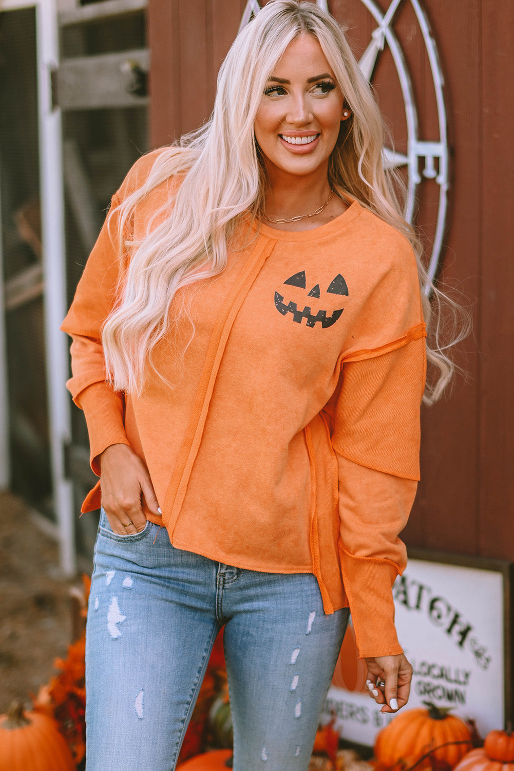 Women's Sweatshirt with Halloween Pumpkin Face Patchwork