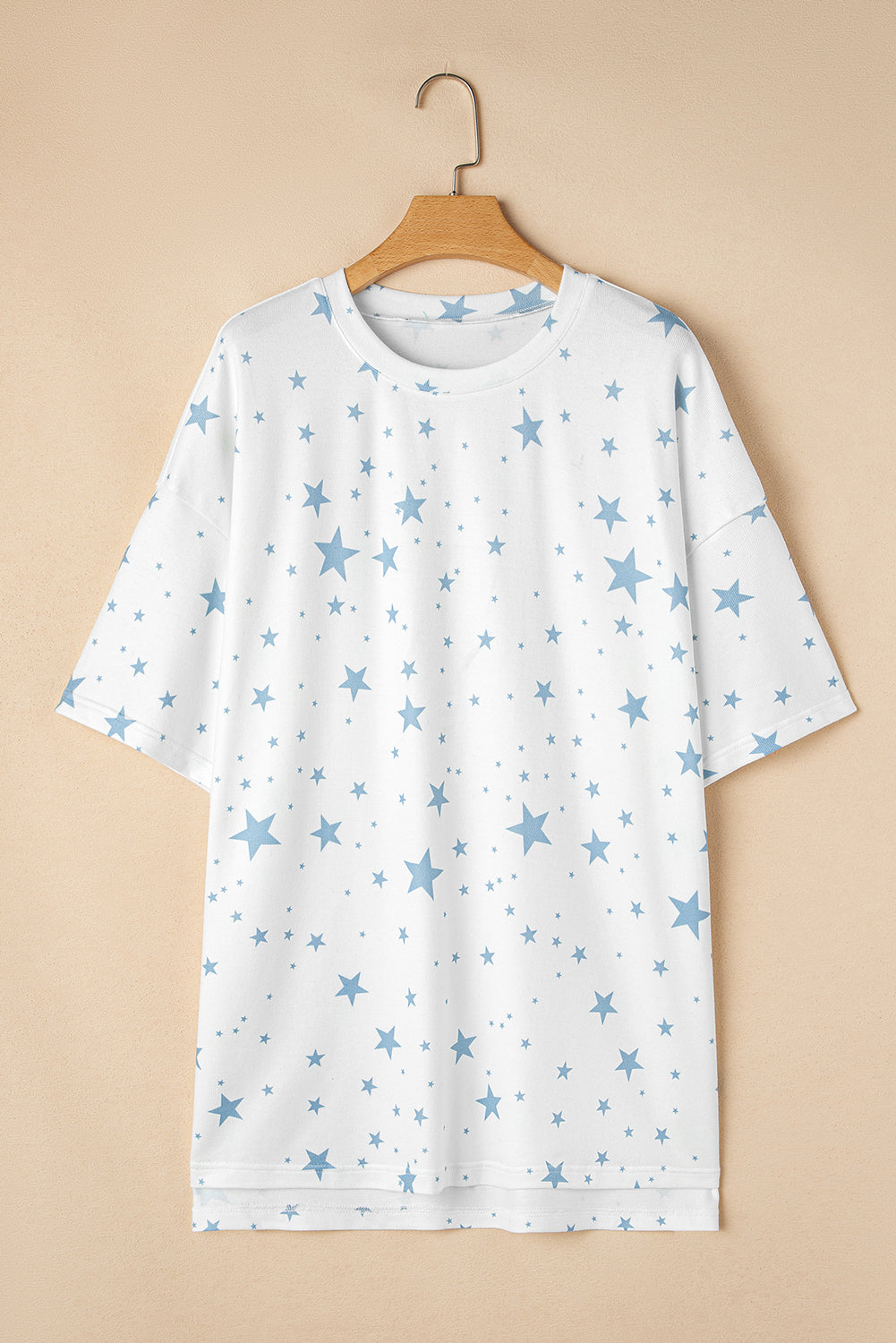 Stars Print Drop-Shoulder Roomy T Shirt with Slits