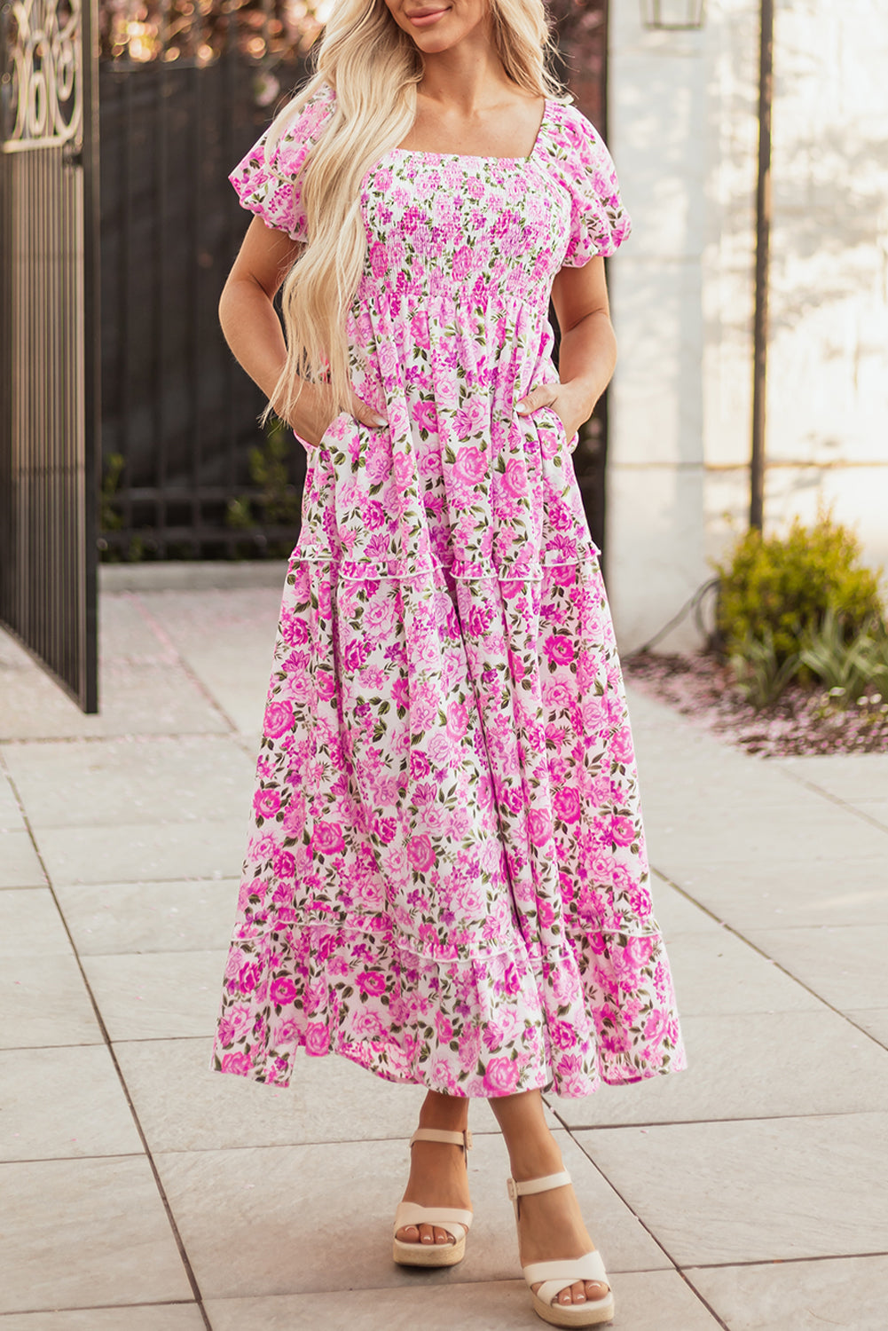 Smocked Dainty Floral Puff Sleeve Flowy Long Dress