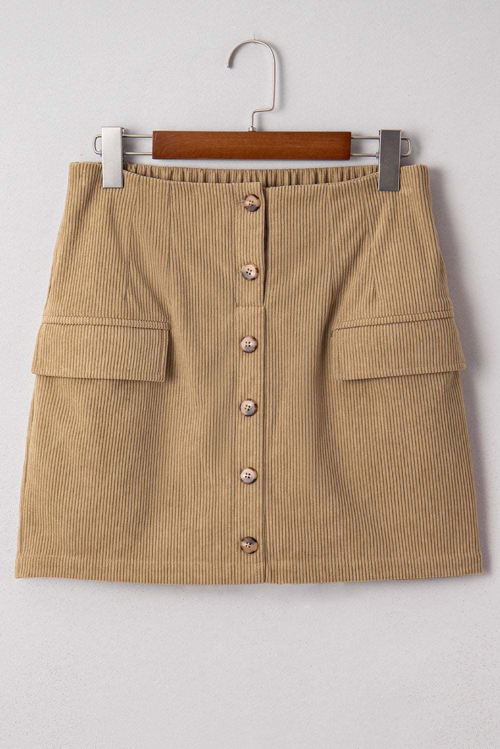Button-Front Camel Corduroy Faux Pockets Mini Skirt
