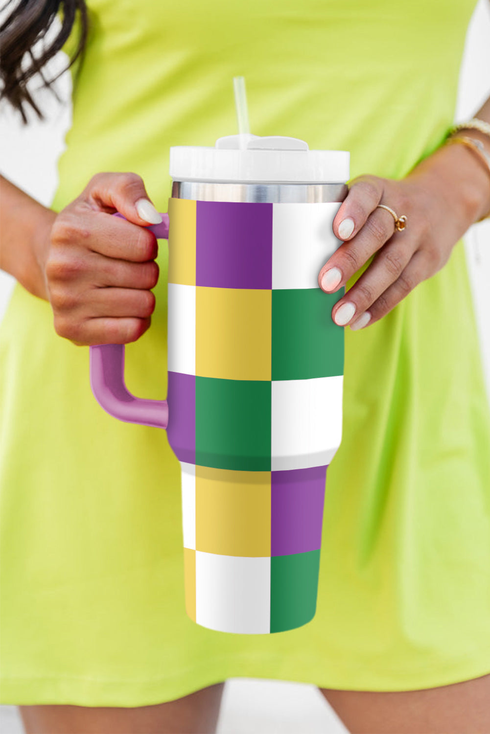 Mardi Print Gras Checkered Handle Large Tumbler 40oz