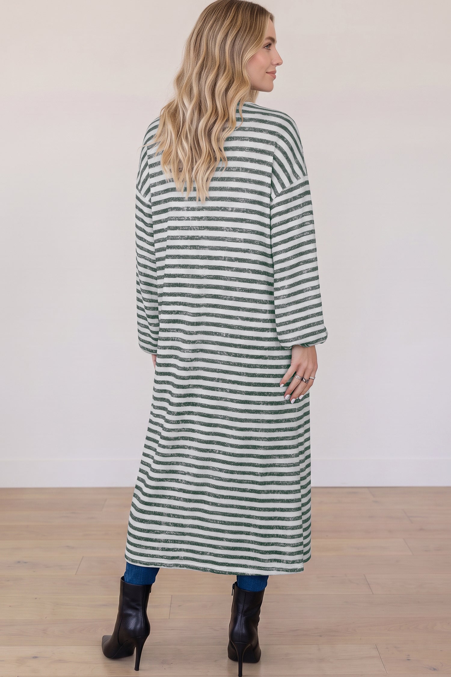Stripe Long Puff Sleeve Open-Front Roomy Long Cardigan in Khaki